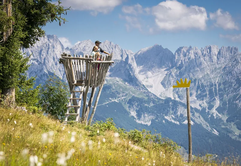 Person auf hölzernem Aussichtspunkt vor der Bergkulisse der Alpen in Tirol.