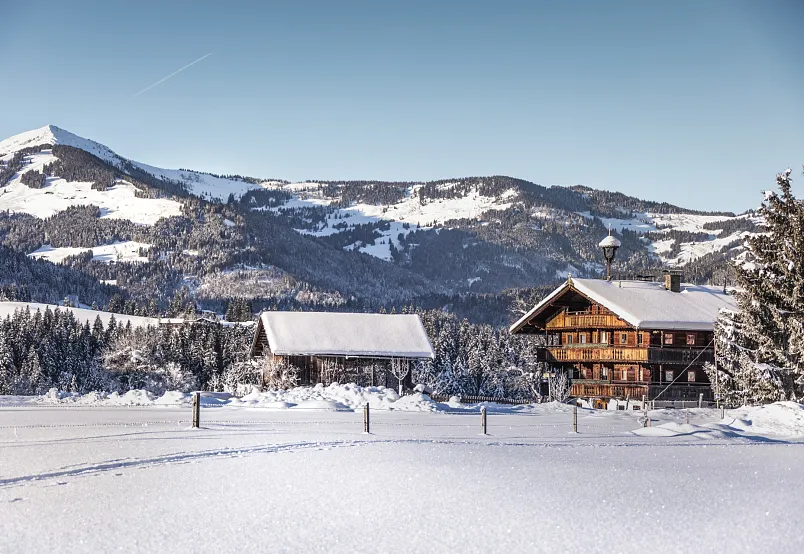 Verschneite Alpenlandschaft mit Hütten und Bergen im Hintergrund, aufgenommen in Tirol.