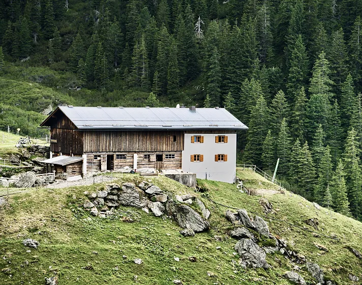 Berghütte auf einer Wiese in den Tiroler Alpen, umgeben von dichten Nadelwäldern.
