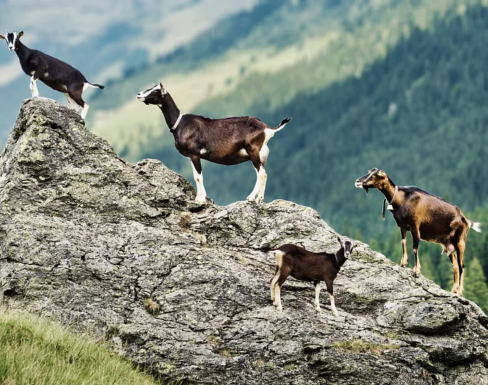 Vier Ziegen stehen auf einem großen Felsen in einer alpinen Landschaft.