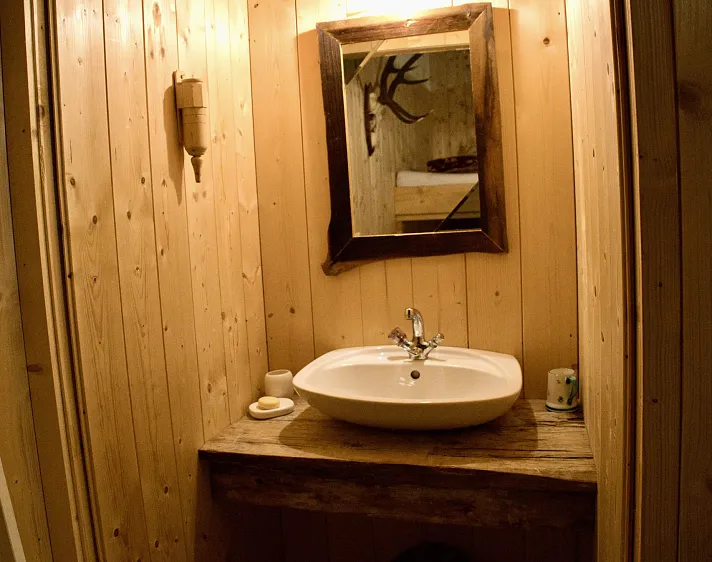 Holzwand-Badezimmer mit einem Waschbecken und einem Spiegel.