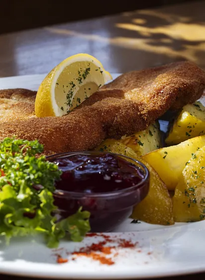 Ein Wiener Schnitzel mit Kartoffeln, Preiselbeersauce und Salat auf einem weißen Teller.