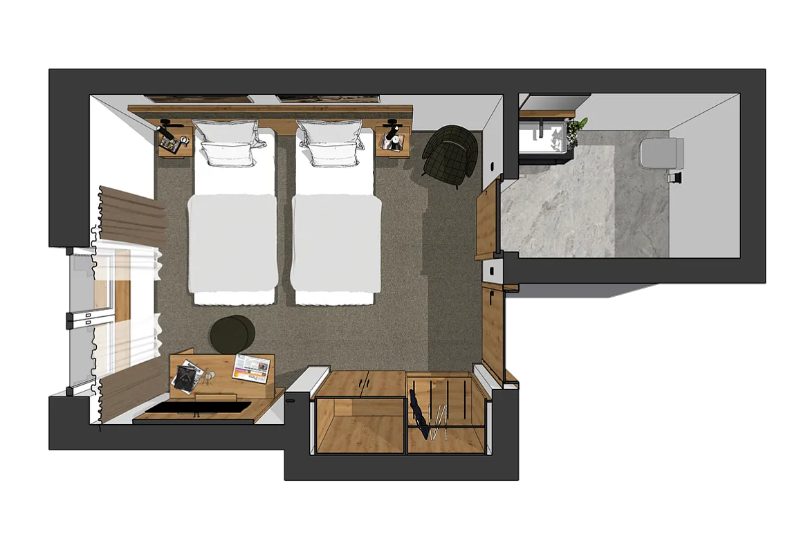 Floor plan of a hotel room with two beds and a bathroom in the top right corner.